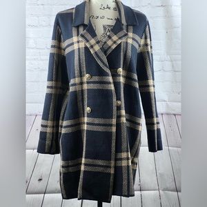 Anne Leon navy blue and beige long cardigan, sweater coat.